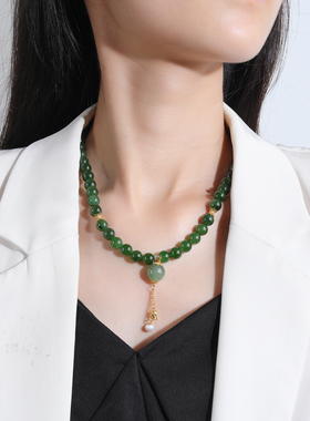 石秀堂原创设计天然和田玉碧玉项链铃兰花流苏新款【带鉴定证书】