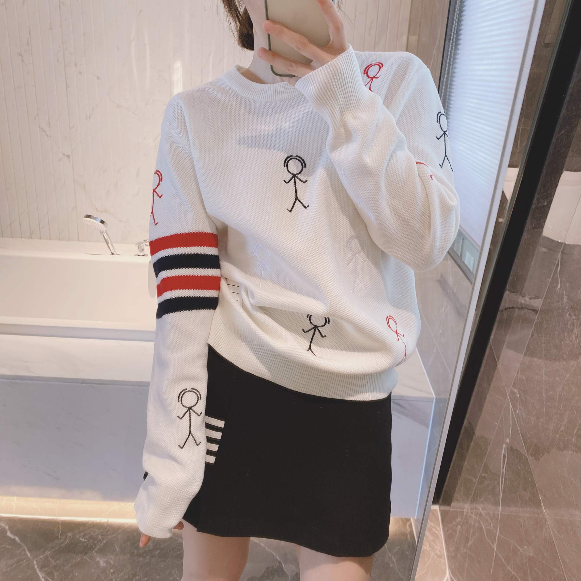23tb卫衣女士早秋圆领上衣情侣装满印火柴人刺绣休闲套头毛衣女潮
