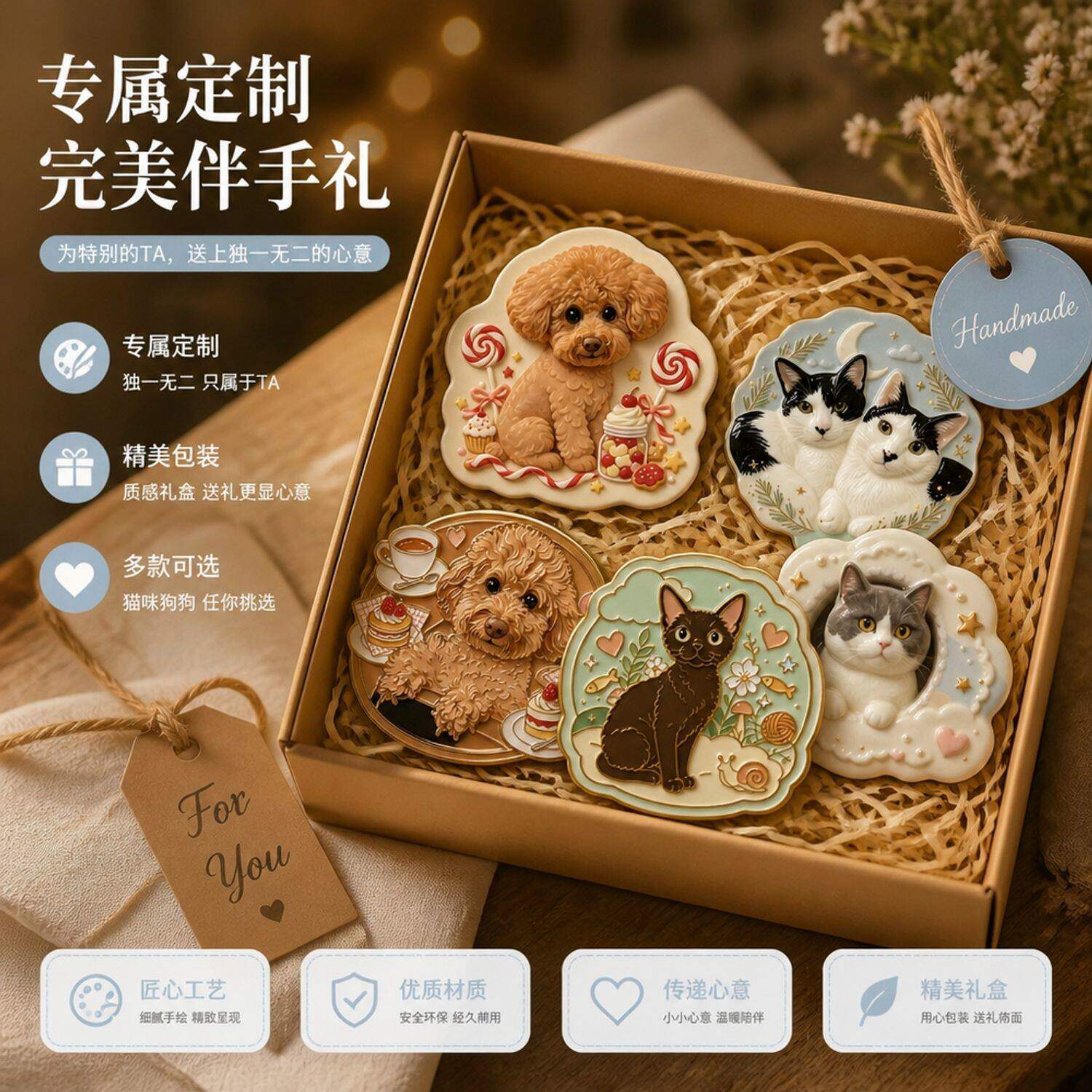 3D浮雕树脂冰箱贴居家桌面摆放墙面挂饰萌宠标识定制宠物照片专属特