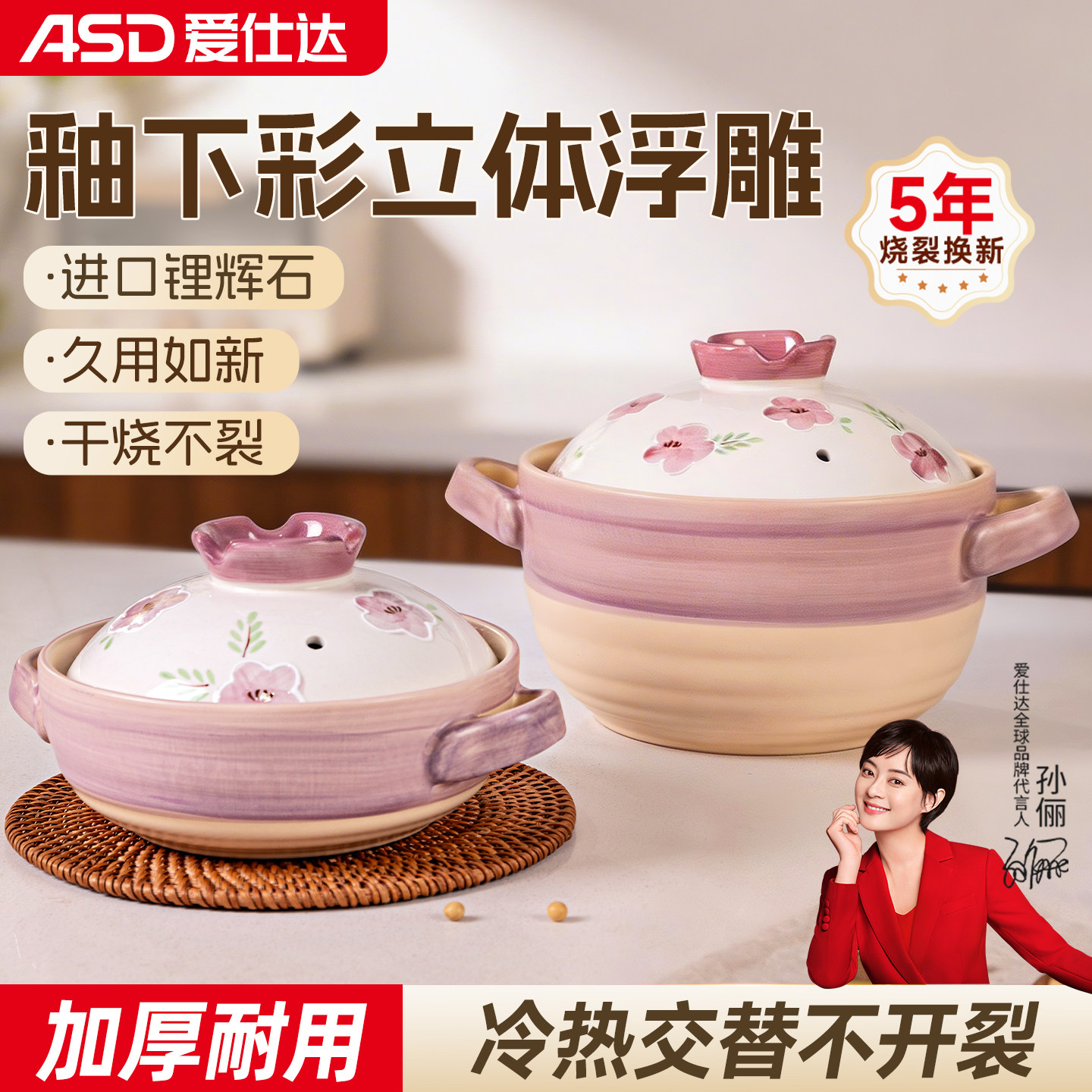 爱仕达砂锅家用燃气炖锅陶瓷煲仔饭炖汤锅耐高温干烧不裂沙锅汤锅