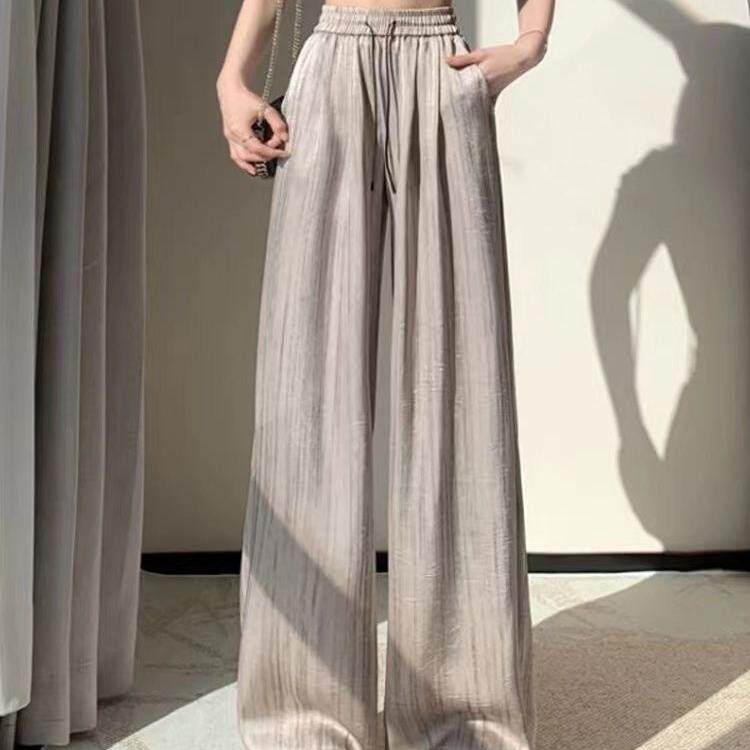 夏季时尚洋气减龄胖MM小个子休闲外穿高腰雪纺凉凉冰丝阔腿裤子女