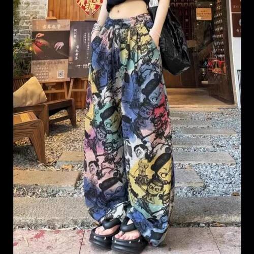 夏季大码宽松胖MM扎染国风哪吒冰丝防晒凉凉裤休闲外穿直筒阔腿裤