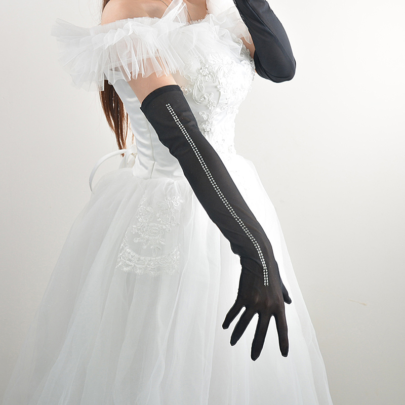 触屏弹性蕾丝网纱手套超长款52cm超薄黑色婚纱礼服祥云烫水钻性感