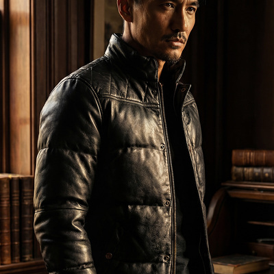 莫臣男士牛皮真皮保暖羽绒服