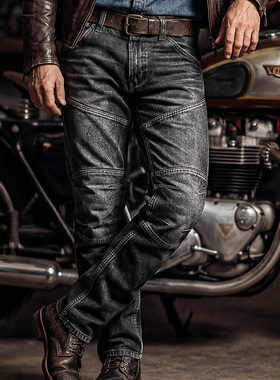 莫臣男士复古直筒机车休闲裤子重水洗重工墨白灰色牛仔裤MC609