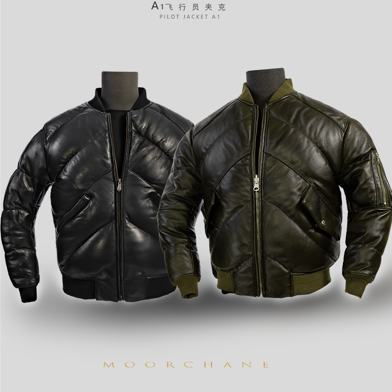 莫臣男装羊皮羽绒服冬季大码A1短款保暖棒球领真皮外套 2390