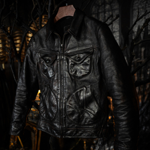 莫臣复古皮衣门多萨农场主牛皮真皮外套翻领春秋做旧短款966茶牛