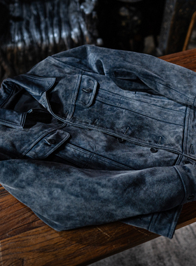 莫臣男装真皮皮衣雪花洗蓝色反绒牛皮翻领外套春秋短款夹克F507L