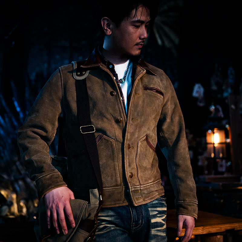 莫臣男士新款皮夹克美式休闲水洗复古翻领反绒牛皮真皮皮衣F2358