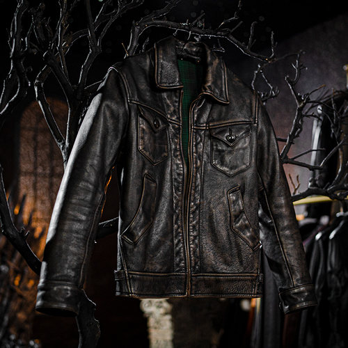 水洗褪色莫臣男装翻领农场主皮衣