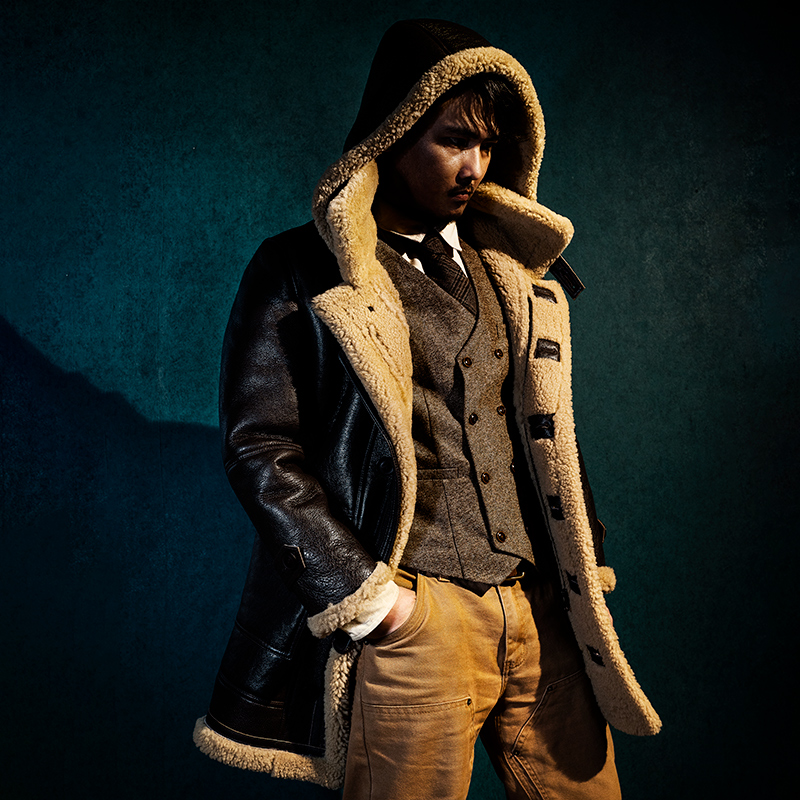 冬季修身型莫臣男皮大衣外套连帽