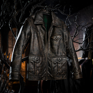 莫臣男装水洗头层牛皮褪色做旧绿茶芯报童翻领拉链真皮皮衣LC-778