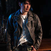 复古褪色蓝灰色皮夹克外套男装 男士 牛皮真皮皮衣机车服短款 G915