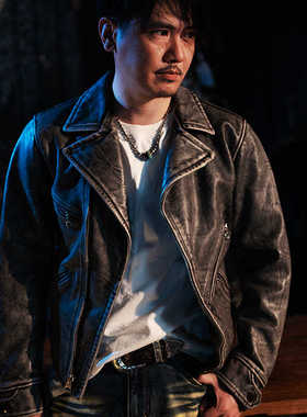 男士牛皮真皮皮衣机车服短款复古褪色蓝灰色皮夹克外套男装G915