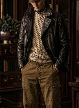 男装秋冬中长款西装领牛皮海军大衣 P740