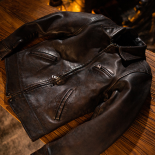 复古款 皮夹克翻领拉链百搭皮衣 2393 马皮机车短款 莫臣男士