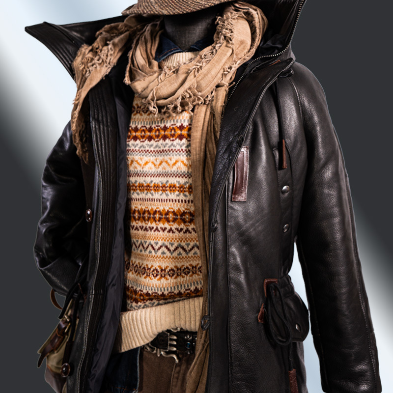 莫臣经典M51牛皮鱼尾大风衣 休闲中长款秋冬男防风加棉外套 M51