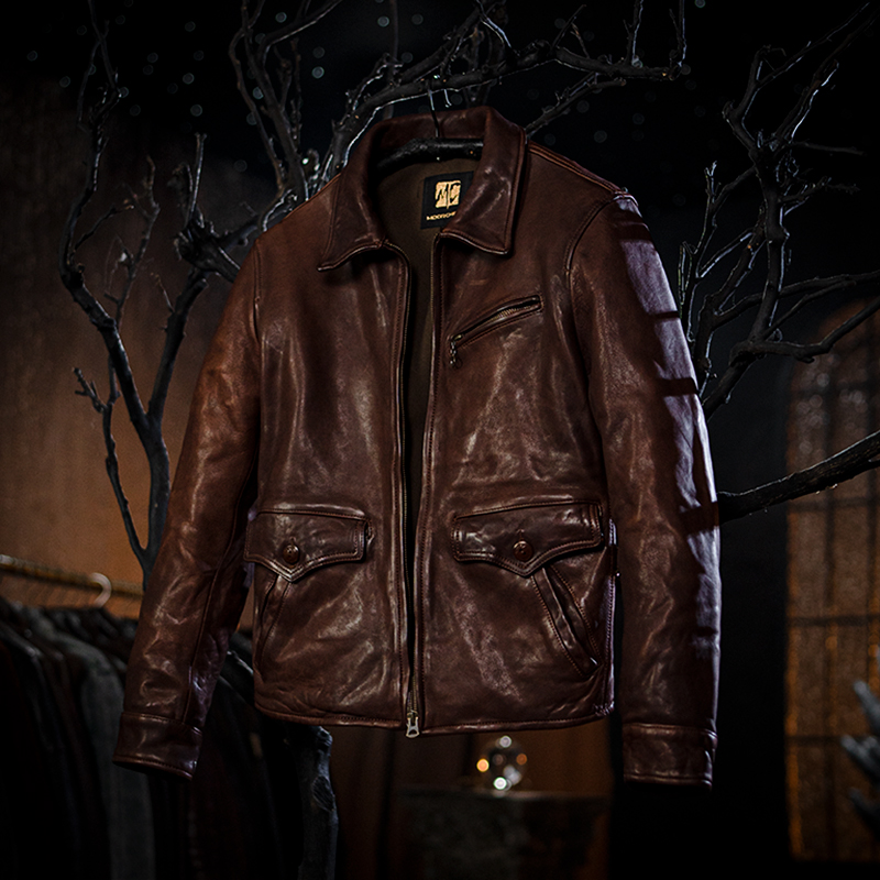 羊皮莫臣符合男士翻领短款皮夹克