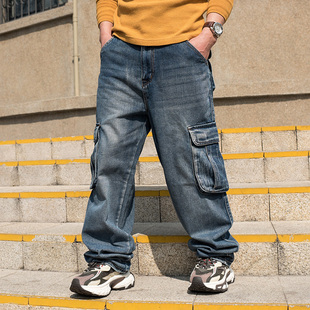 四季款休闲大口袋肥佬裤bboy宽松牛仔裤加肥加大嘻滑板裤直筒长裤