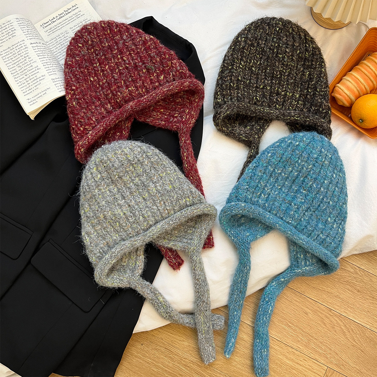 韩版混色针织系带毛线帽女秋冬加厚保暖百搭显脸小防风护耳雷锋帽,服饰配件/皮带/帽子/围巾,帽子,淘宝优惠券,粉丝福利购,淘宝优惠卷