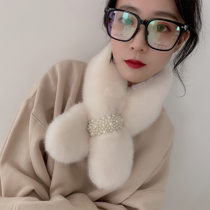 珍珠交叉仿獭兔毛加厚保暖围巾