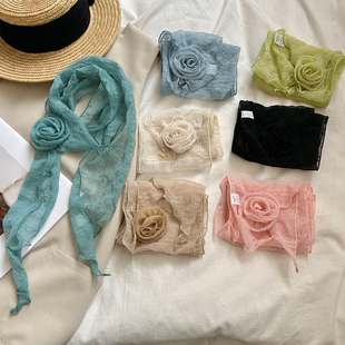 2026新款文艺复古带花丝巾系脖围巾女春夏薄款时尚百搭高级感围脖