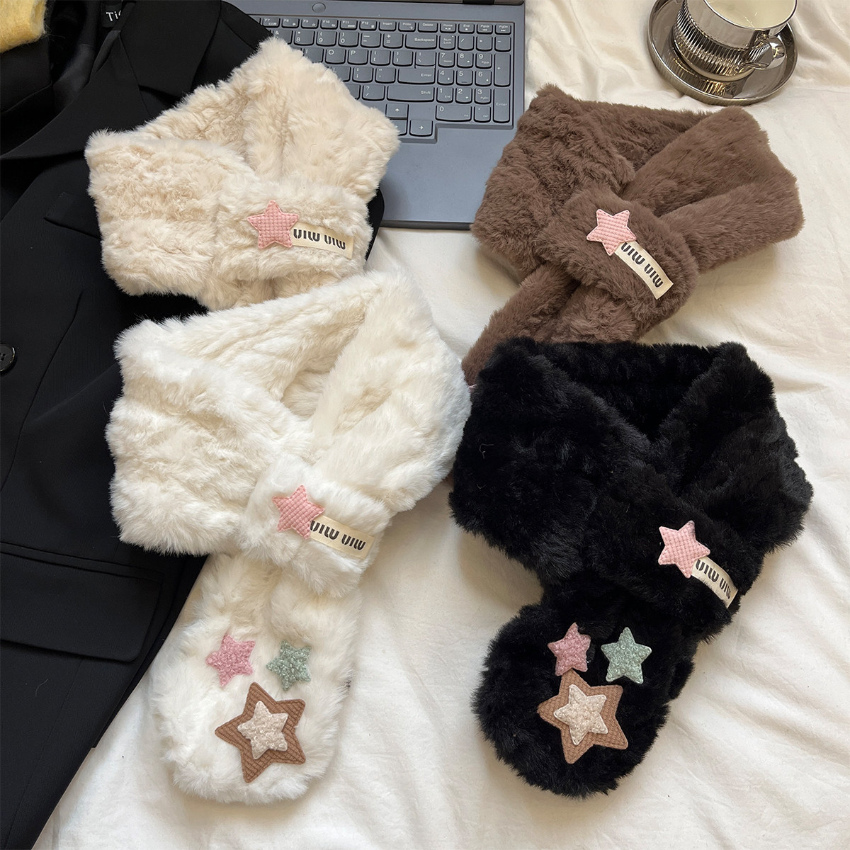 韩版甜美毛茸茸星星小围巾女秋冬季加厚保暖短款学生百搭交叉围脖