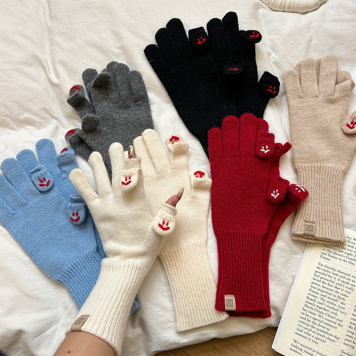 韩版笑脸刺绣针织毛线手套女冬季户外骑行保暖防寒加长五指可触屏,服饰配件/皮带/帽子/围巾,手套,淘宝优惠券,粉丝福利购,淘宝优惠卷