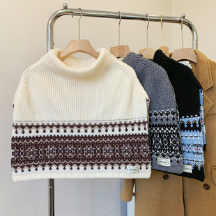 费尔岛复古高领针织披肩围巾女秋冬季 斗篷高级感叠穿保暖围脖外搭