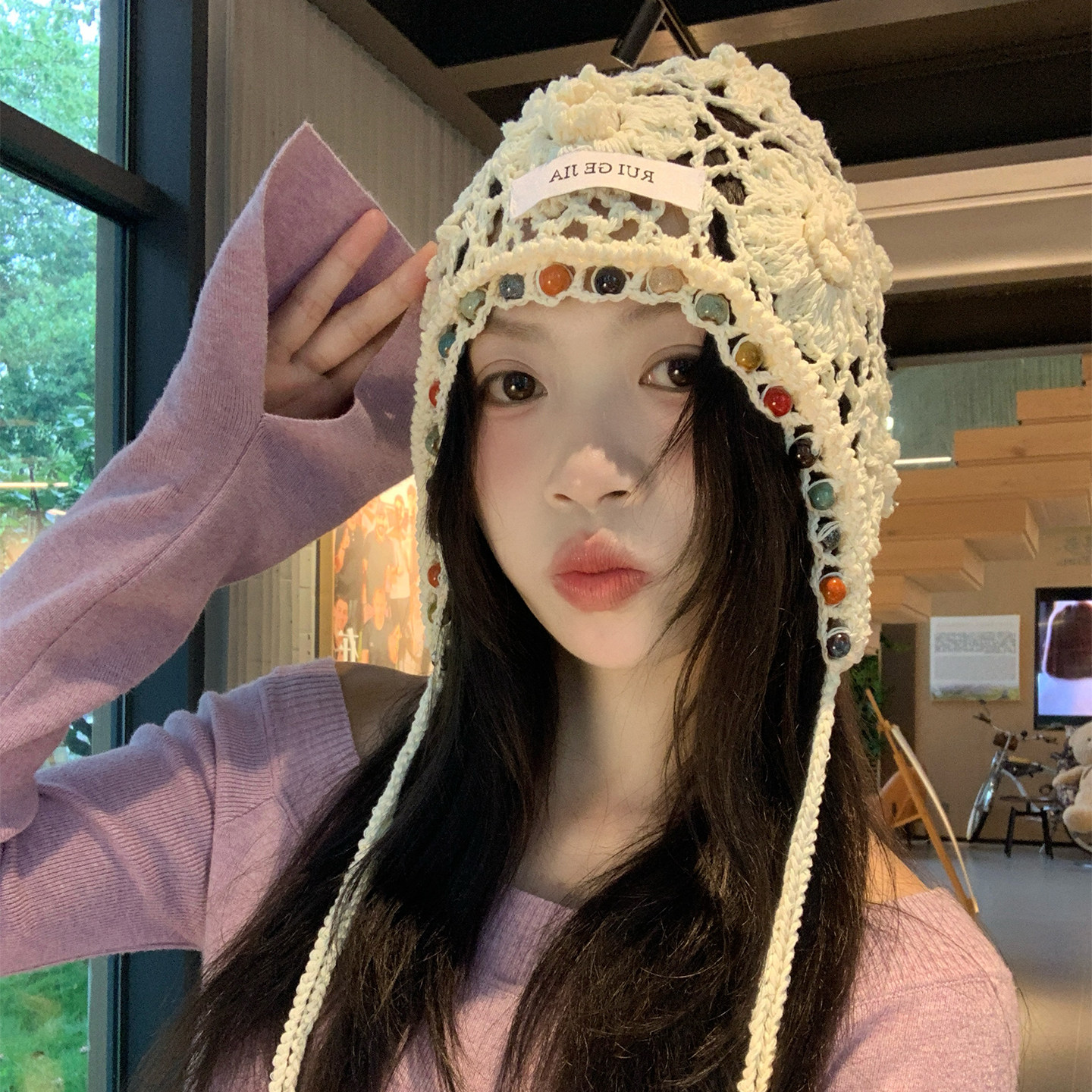 2026时尚百搭针织流苏圆珠帽子春夏季女毛线帽显脸小包头帽套头帽