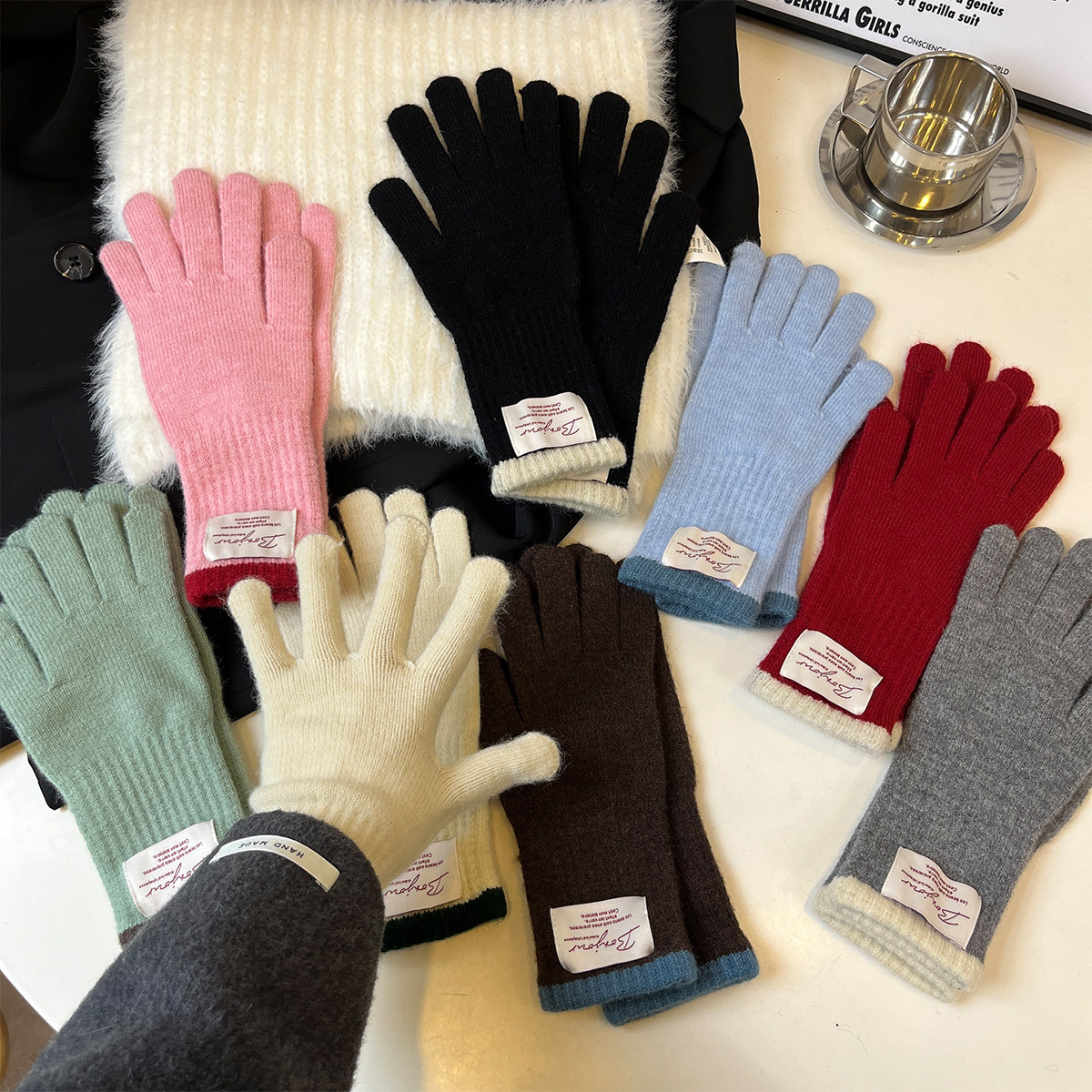 韩版ins贴布标针织手套女秋冬季学生骑行保暖护手长款五指可触屏,服饰配件/皮带/帽子/围巾,手套,淘宝优惠券,粉丝福利购,淘宝优惠卷