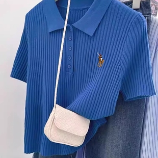 上衣 小马刺绣蓝色短袖 针织Polo衫 短袖 女冰丝t恤夏韩系高级感半袖