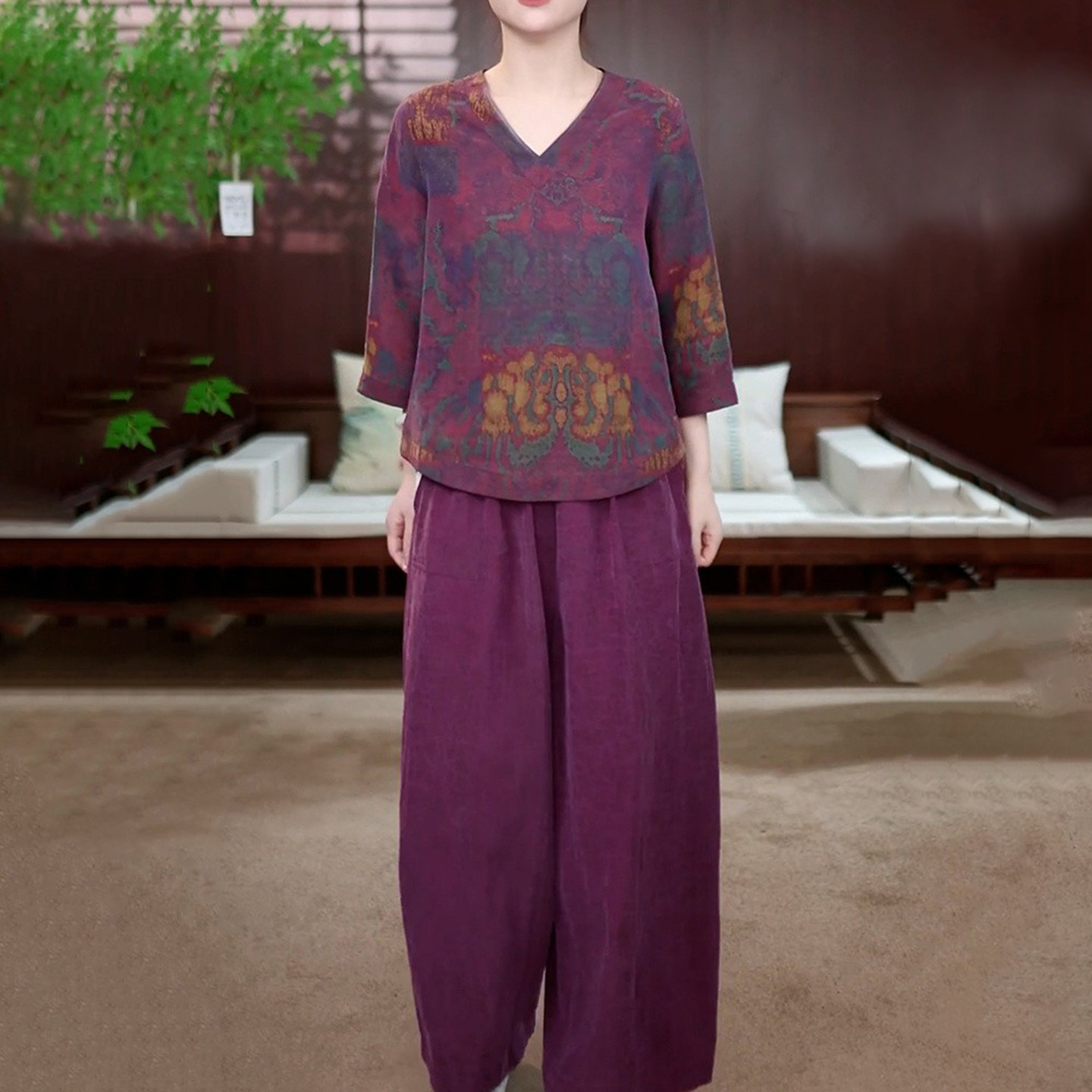 官图 时尚洋气减龄复古套装2026夏季新款宽松休闲百搭V领上衣裤子