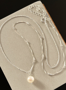 925纯银不对称拼接链条天然珍珠项链女简约小众设计感锁骨链1319
