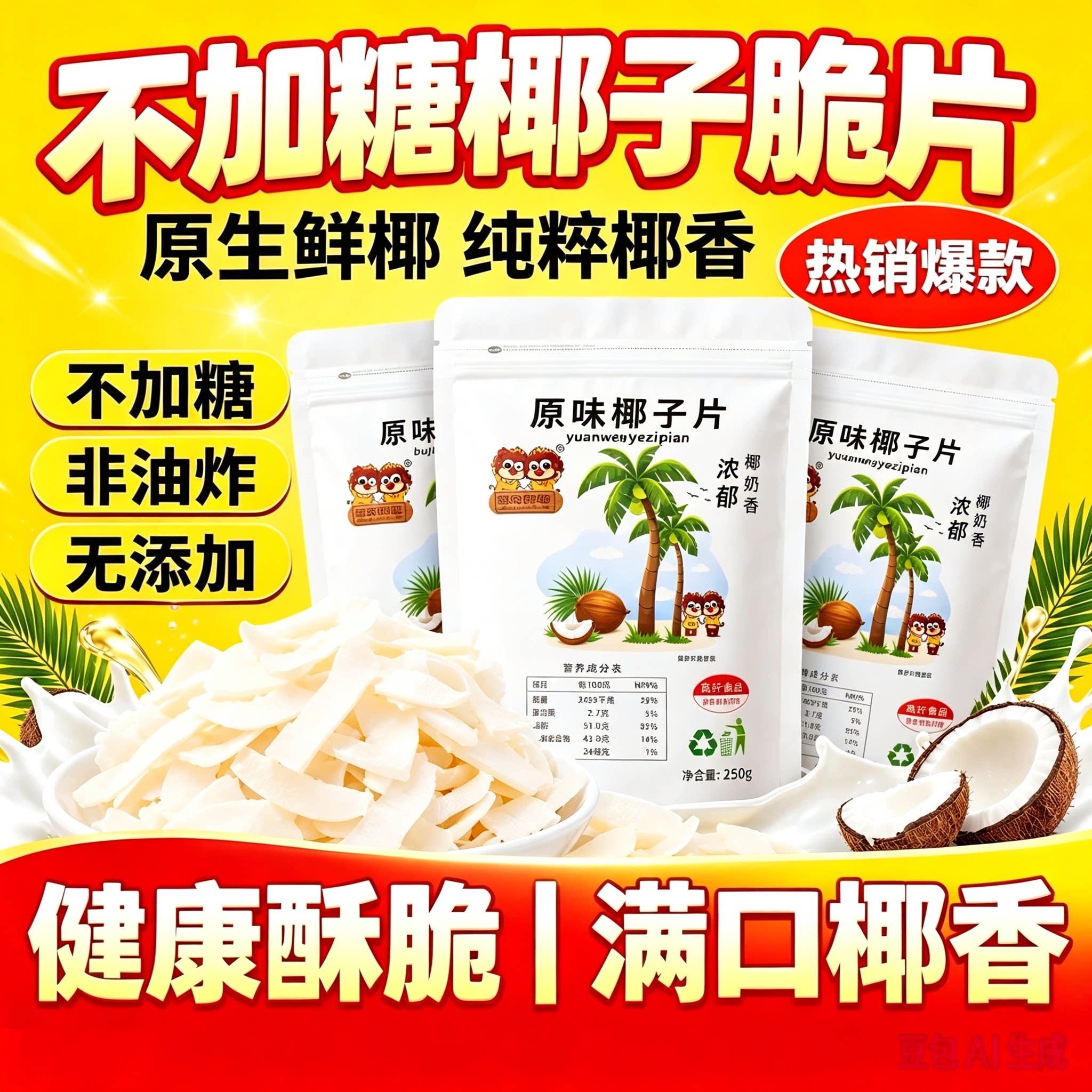 无加糖无添加剂即食椰子脆片烤椰子干椰子角椰子脆块海南特产零食