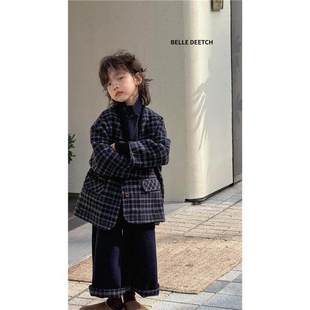 韩国波拉专柜羊绒大衣男童女童2025冬格子西装双面穿小小童外套