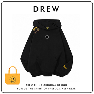 drew美式潮牌发泡十字架连帽加绒卫衣男女宽松情侣街头帽衫外套