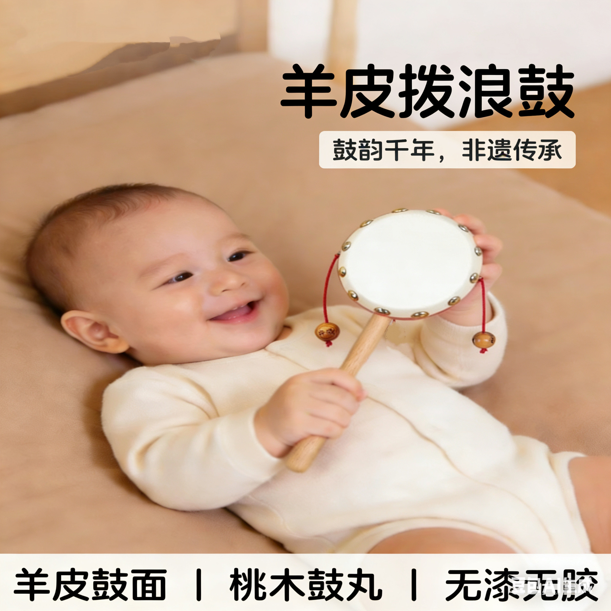 非遗手工黄铜哗啦棒桃木和拨浪鼓纯羊皮老式复古铃铛婴儿可啃咬