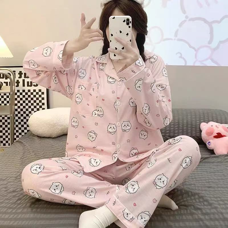 日系轻松熊睡衣女春秋季新款开衫长袖长裤可爱卡通大码家居服套装