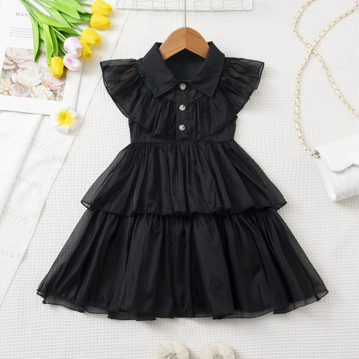 女童黑色连衣裙 翻领小飞袖蛋糕裙 儿童生日派对礼服公主裙