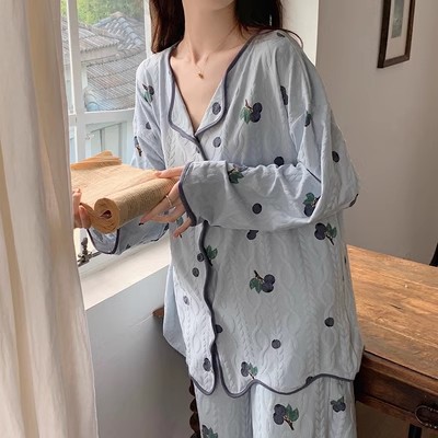 睡衣女春秋长袖长裤女士翻领开衫套装冬季薄款可爱卡通夏天家居服