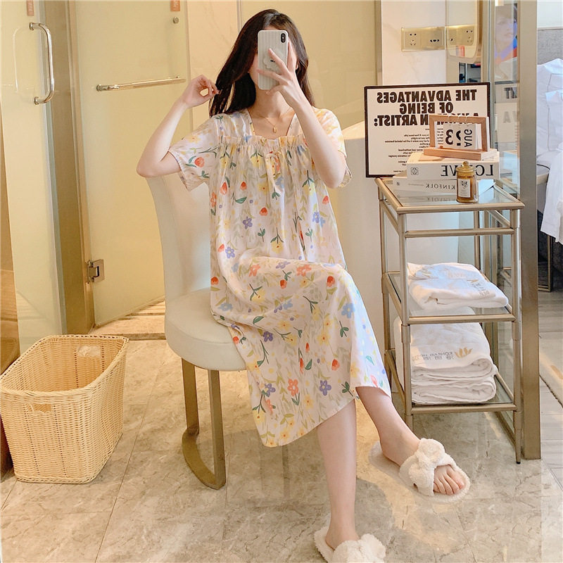 短袖棉绸睡裙女春秋夏季薄款睡衣家居裙感甜美短袖绵绸裙大码