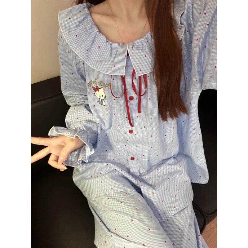 可爱甜美波点睡衣女春秋款新款长袖长裤家居服套装