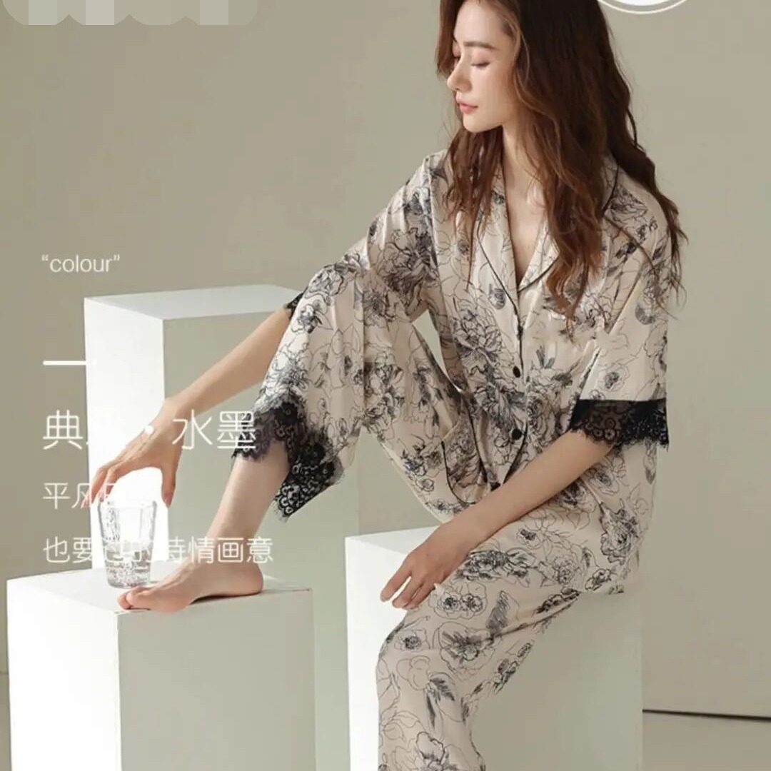 睡衣四件套新款冰丝水墨画款舒适宽松可外穿女士家居服夏季