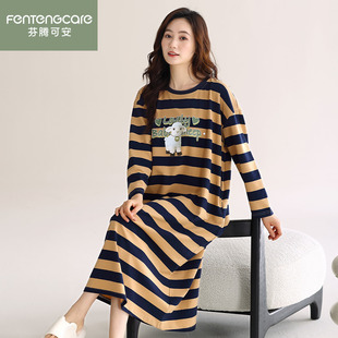 睡裙条纹卡通宽松套头家居服 中长款 芬腾可安纯棉睡衣女春秋季 长袖
