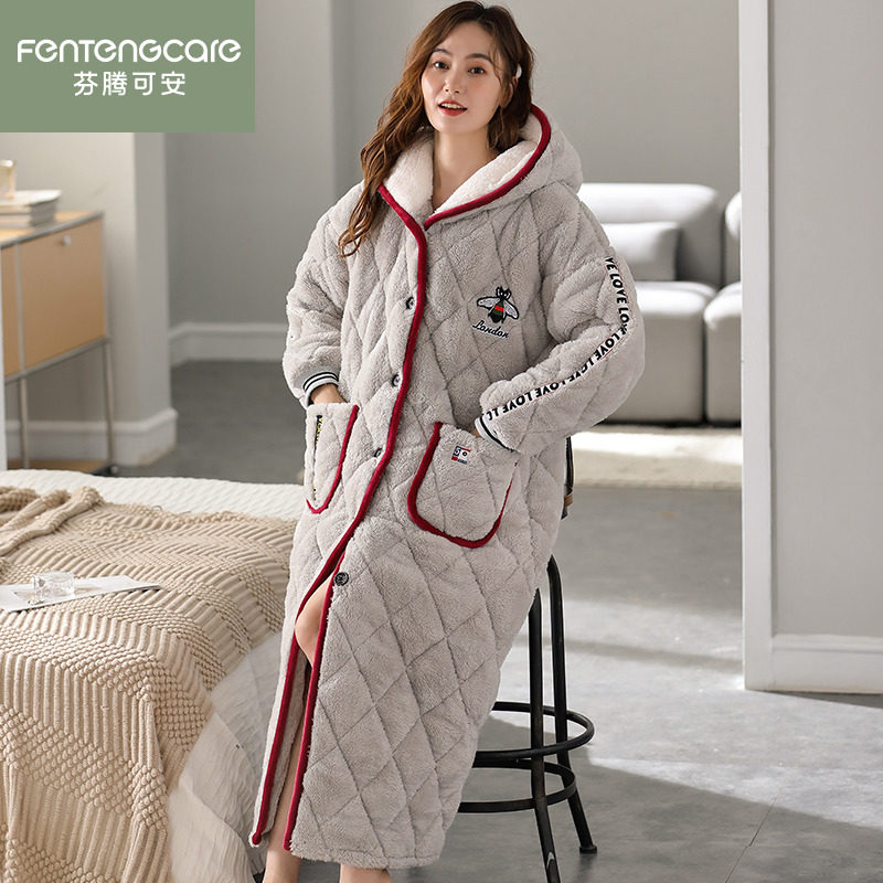 芬腾可安睡袍女士冬季三层加厚珊瑚绒夹棉袄加绒秋冬法兰绒家居服,女士内衣/男士内衣/家居服,睡袍/浴袍,淘宝优惠券,粉丝福利购,淘宝优惠卷