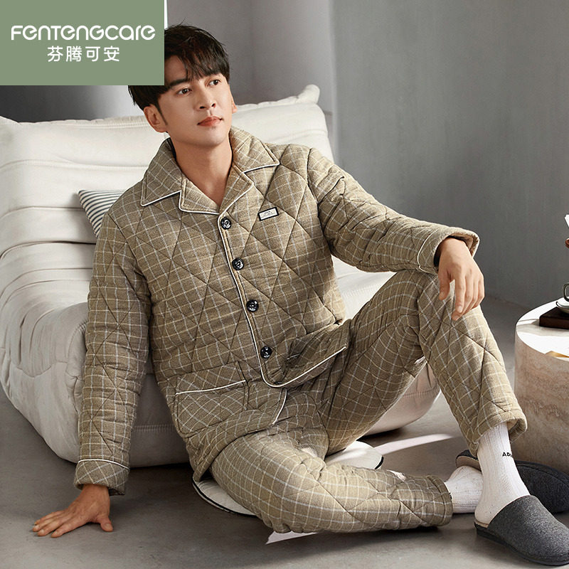 芬腾可安睡衣男士纯棉夹棉冬季加厚保暖三层2026新款家居服可外穿