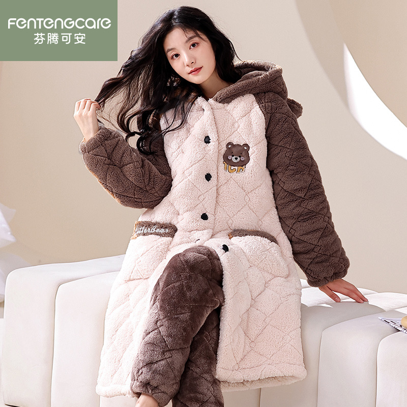 芬腾正品冬季女士珊瑚绒夹棉睡衣