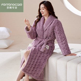 芬腾可安中睡袍女冬季珊瑚绒夹棉袄睡衣三层超加厚加绒法兰绒浴袍