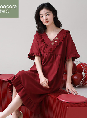 芬腾可安红色睡衣女夏季纯棉短袖中长款睡裙本命年新婚甜美家居服